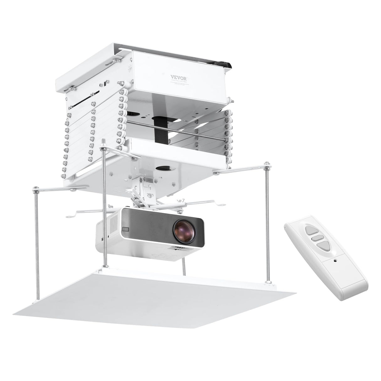 VEVOR Elevador de Proyector Motorizado Elevador de Proyector Eléctrico de Altura Ajustable de 1,5 m, Soporte de Techo para Proyector Oculto con Control Remoto y con Cable para Hogar, Oficina, Blanco