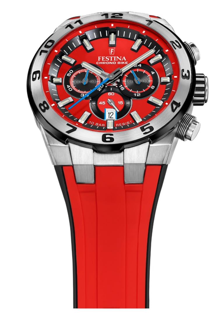 Festina Reloj Hombre F20671/5 Chrono Bike Caja de Acero Inoxidable 316l Plateado Correa de Caucho Rojo