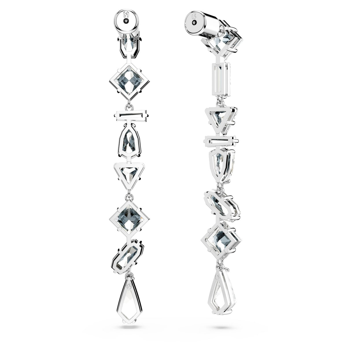 Swarovski Pendientes Mesmera, Diseño asimétrico, Tallas mixtas, Largos, Blancos, Baño de rodio