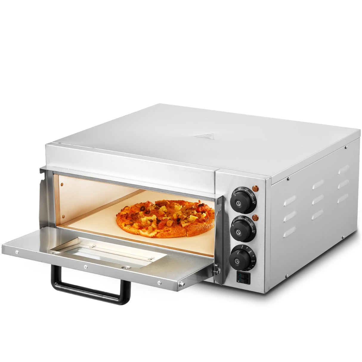 VEVOR Horno de Pizza Comercial Eléctrico de Encimera de Una Sola Capa, Acero Inoxidable con Piedra y Mango, Multiusos para Interiores para Restaurantes, Pretzels Horneados en Casa, 517 x 470 x 266 mm