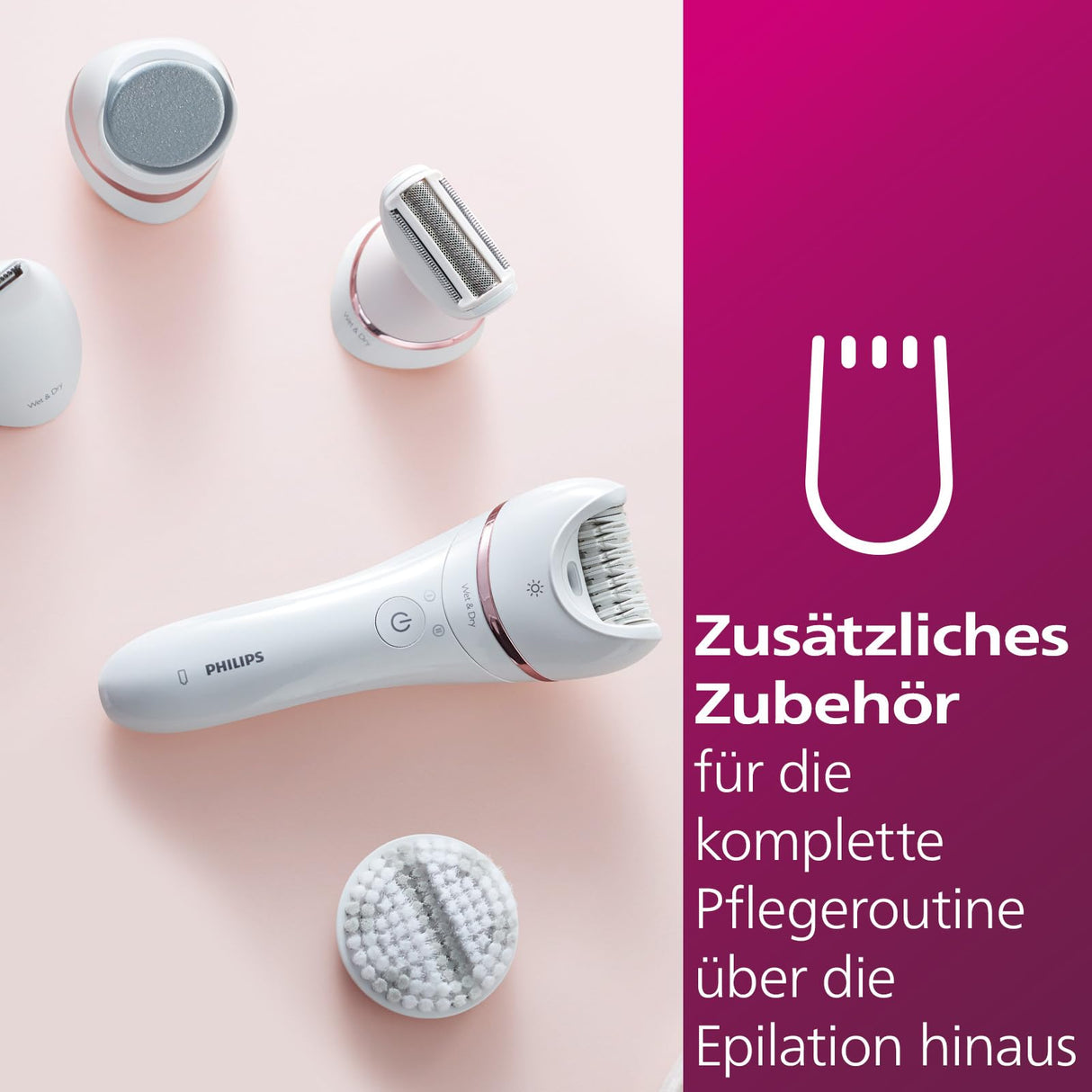 Philips Depiladora Mujer Serie 8000, 9 en 1, Para Cuerpo, Cara, Pies y Bikini, Uso en Seco o Humedo, Piel Suave desde Casa, Cabezal Ceramico, BRE740/10, Blanco