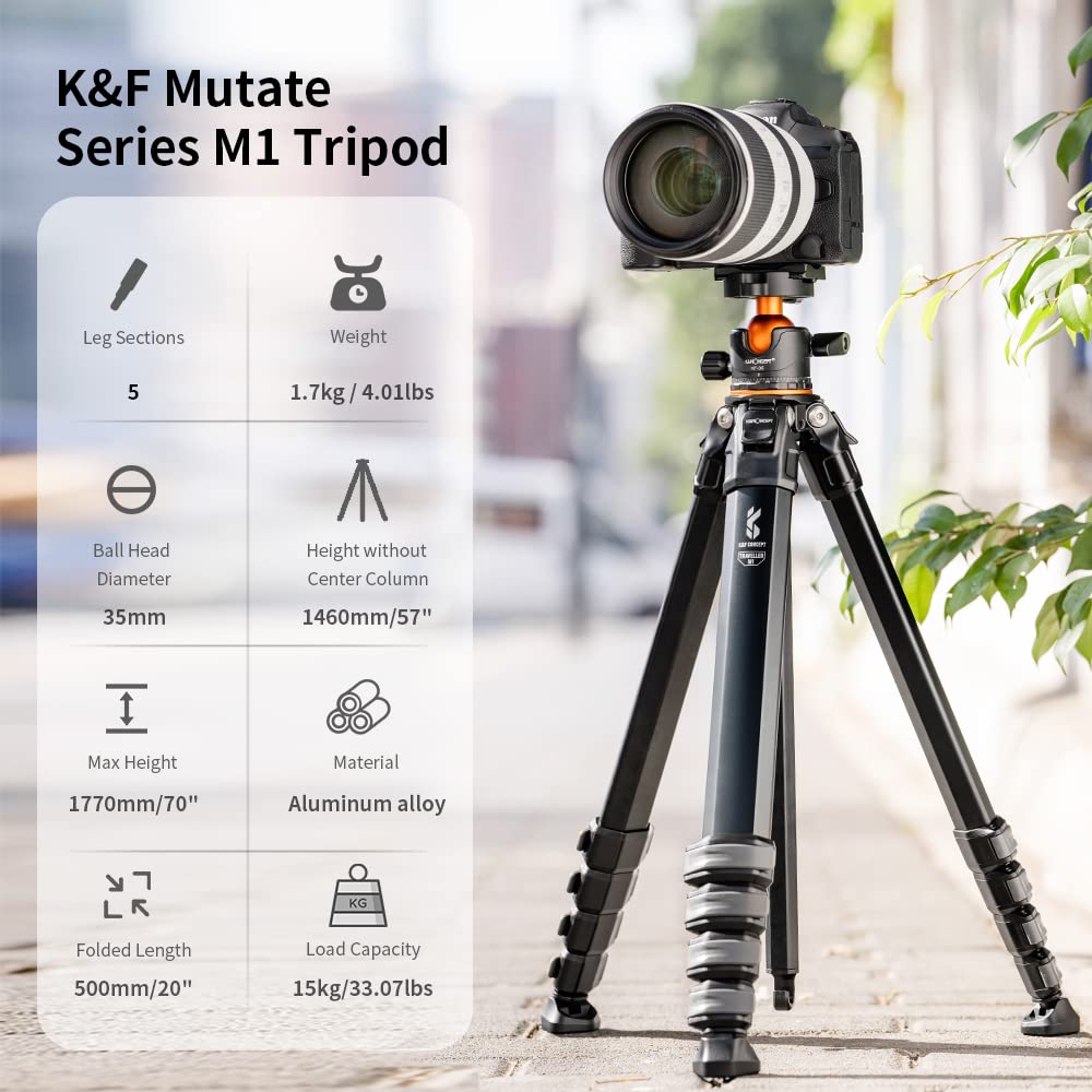 K&F Concept Trípode de Cámara, 177CM Trípode Estable Aluminio con 35mm Rótula de Bola Carga Máxima 15kg, Trípodes Fotografía Compacto con 1/4" Placa de Liberación Rápida para Cámara DSLR, Videocámara