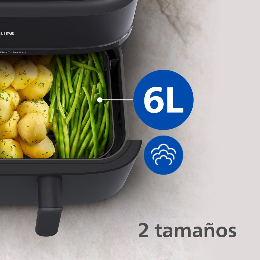 Philips Airfryer Serie 5000 Dual Basket con vapor - 9L, tecnología RapidAir Plus, 19 funciones en 1, 90% menos de grasa, Air Steam, 2 cestas, 2 tamaños, Cocina a vapor, Accesorios (NA550/00)