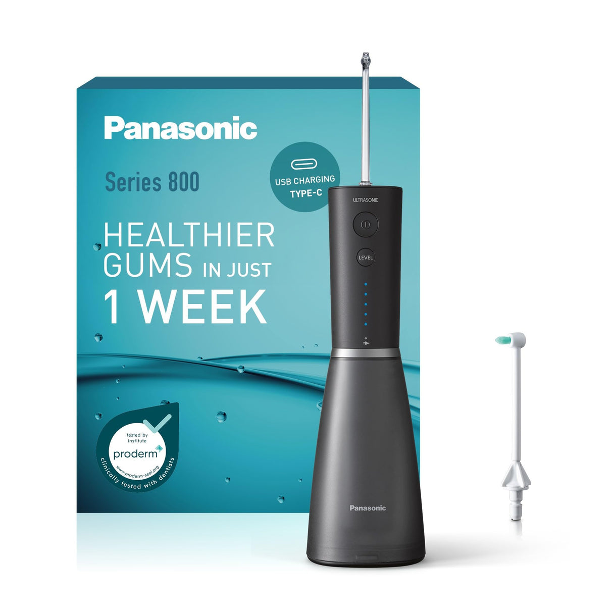 Panasonic Series 800 Irrigador Bucal Ultrasónico EW-DJ86-K503, Irrigador Dental, 200 ml, 1 Boquilla Ultrasónica y 1 Boquilla de Ortodoncia, 5 Ajustes de Presión, Accesorio De Viaje, USB-C, Negro