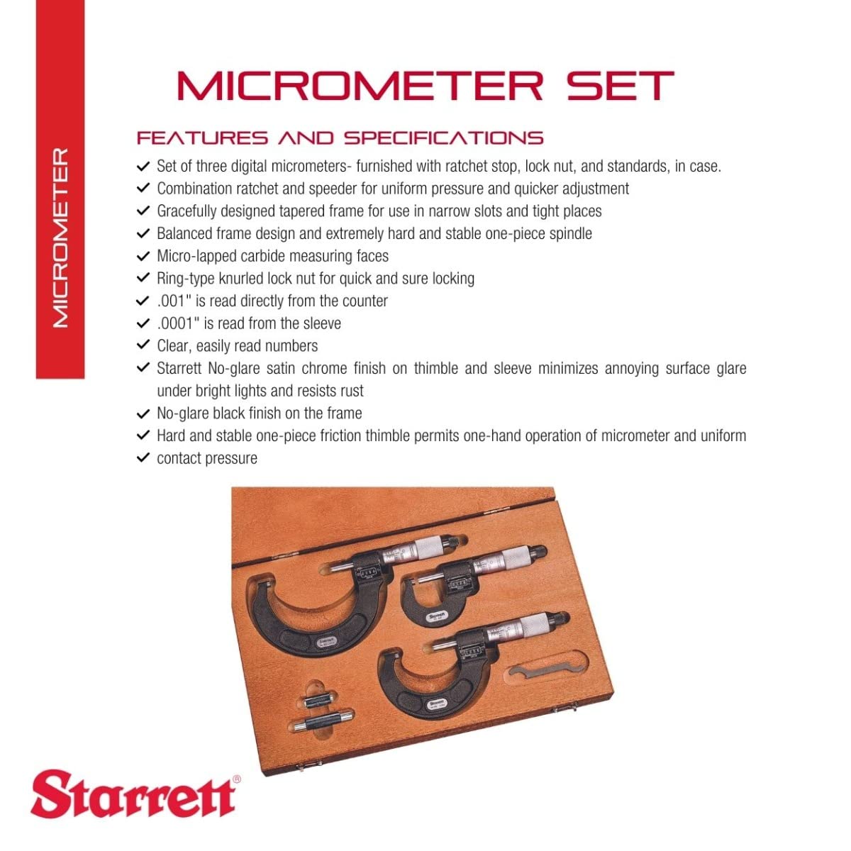 Starrett ST216AXRLZ - Juego de micrómetro digital para exterior, cierre de carraca, tuerca de bloqueo, caras de carburo, rango de 0 a 3 pulgadas, graduación de 0 cm