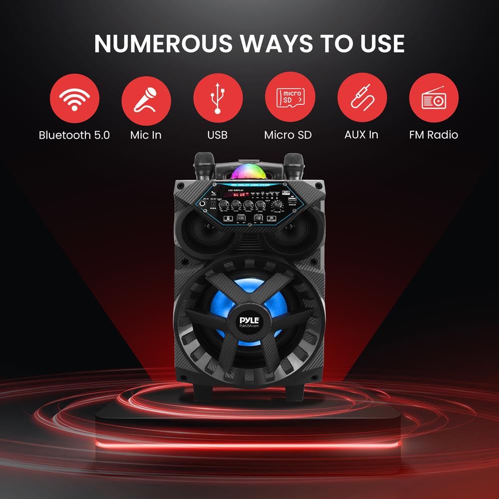 Pyle 580W Portable Bluetooth PA Speaker – 8” Rechargeable Wireless Karaoke System with TWS, LED Display, Disco Lights, FM/USB/SD/AUX Inputs, 6.5mm Mic, Wheels and Trolley, Wireless Mic and Remote