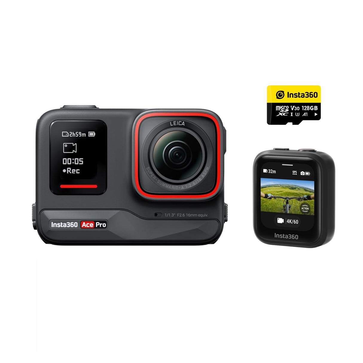 Insta360 Ace Pro Kit GPS-Ready: Cámara de acción Impermeable diseñada con Leica, Sensor Insignia de 1/1,3", reducción de Ruido IA Imagen máxima, 4K a 120fps, Pantalla abatible 2,4" y Funciones de IA
