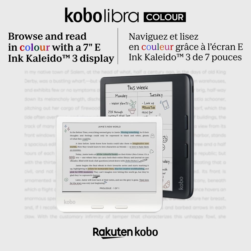 Kobo Libra Colour eReader | Pantalla E Ink Kaleido™ 3 de 7" | Temperatura del Color y Brillo Ajustables | Reducción luz Azul | eBooks y AudioBooks | Memoría 32 GB | Resistente al Agua | Blanco