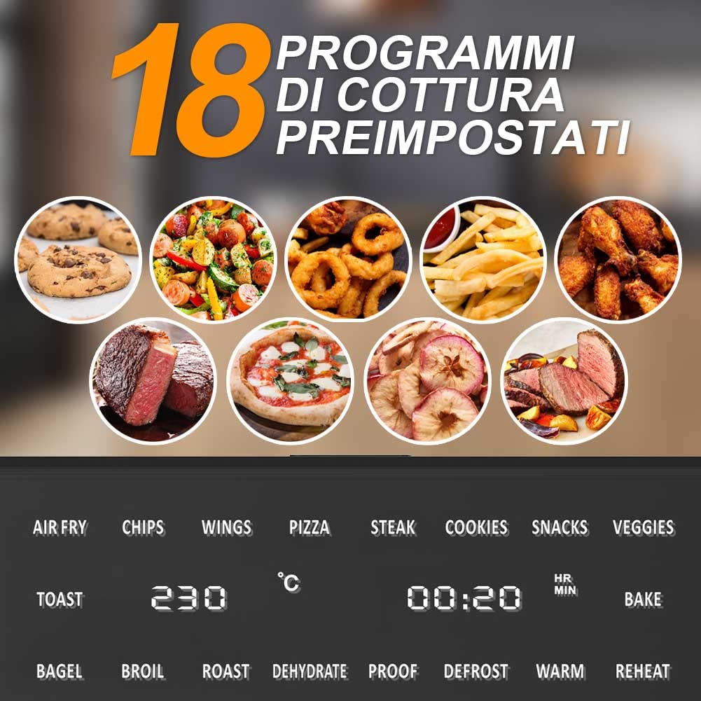 Bakaji Horno freidora de aire caliente, capacidad de 30 litros, 1800 W, freidora seca sin aceite, con pantalla táctil, 18 programas, función de doble cocción, temporizador, regulación de temperatura,