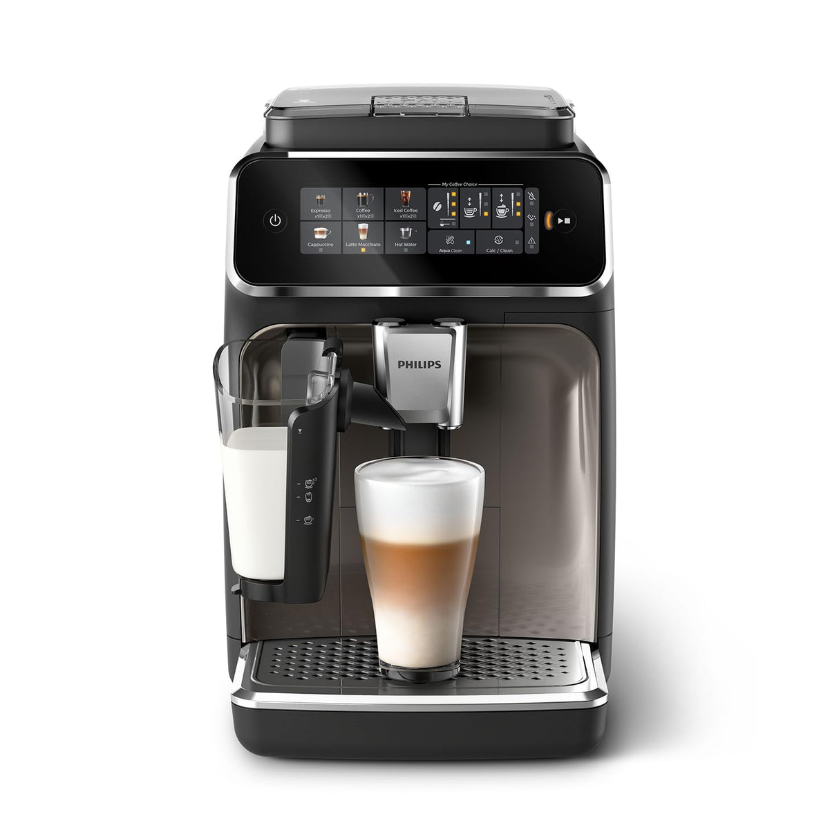 PHILIPS Serie 3300 Cafetera Superautomática - Sistema de leche LatteGo, 6 tipos de cafe, pantalla táctil, SilentBrew, Molinillo Cerámico, filtro AquaClean, Cromo negro (EP3347/90)