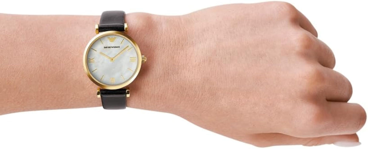 Emporio Armani Reloj de mujer, Movimiento de dos manecillas, caja de acero inoxidable dorado de 32 mm con correa de piel, AR1910, Negro y tono dorado