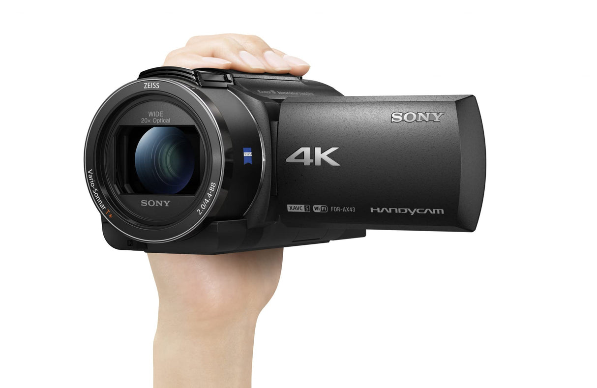 Sony Handycam FDR-AX43 - Videocámara (pantalla de 3" giratoria, grabación 4K Ultra HD, lente Zeiss Vario-Sonnar 26.8 mm, zoom óptico 20x, Balanced Optical SteadyShot, selfies, videos en casa y viajes)