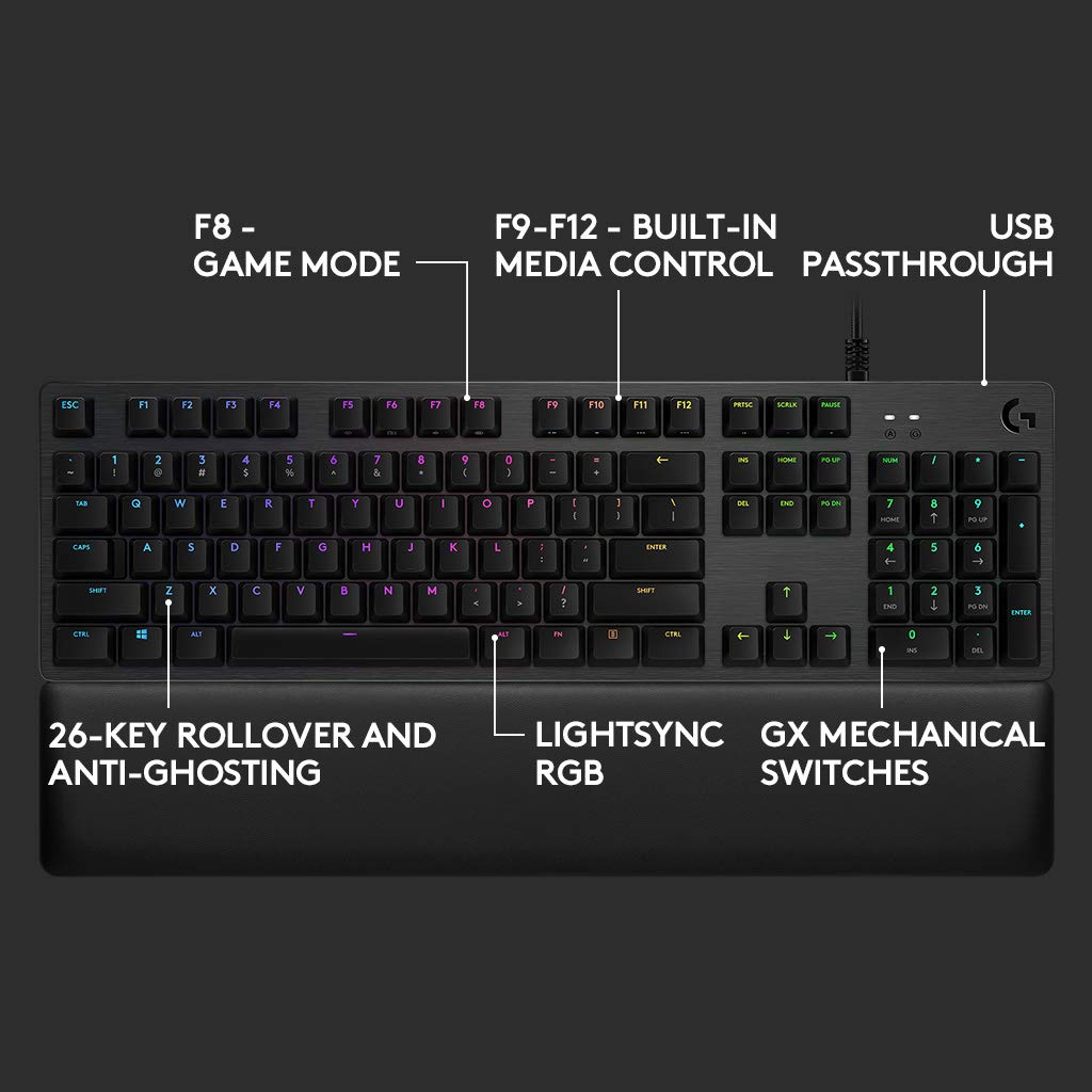 Logitech G Teclado mecánico para Gaming 513, interruptores táctiles GX-Brown, iluminación RGB, Bucle USB, reposamuñecas con Espuma viscoelástica, Carcasa de Aluminio, diseño escandinavo, Color Negro