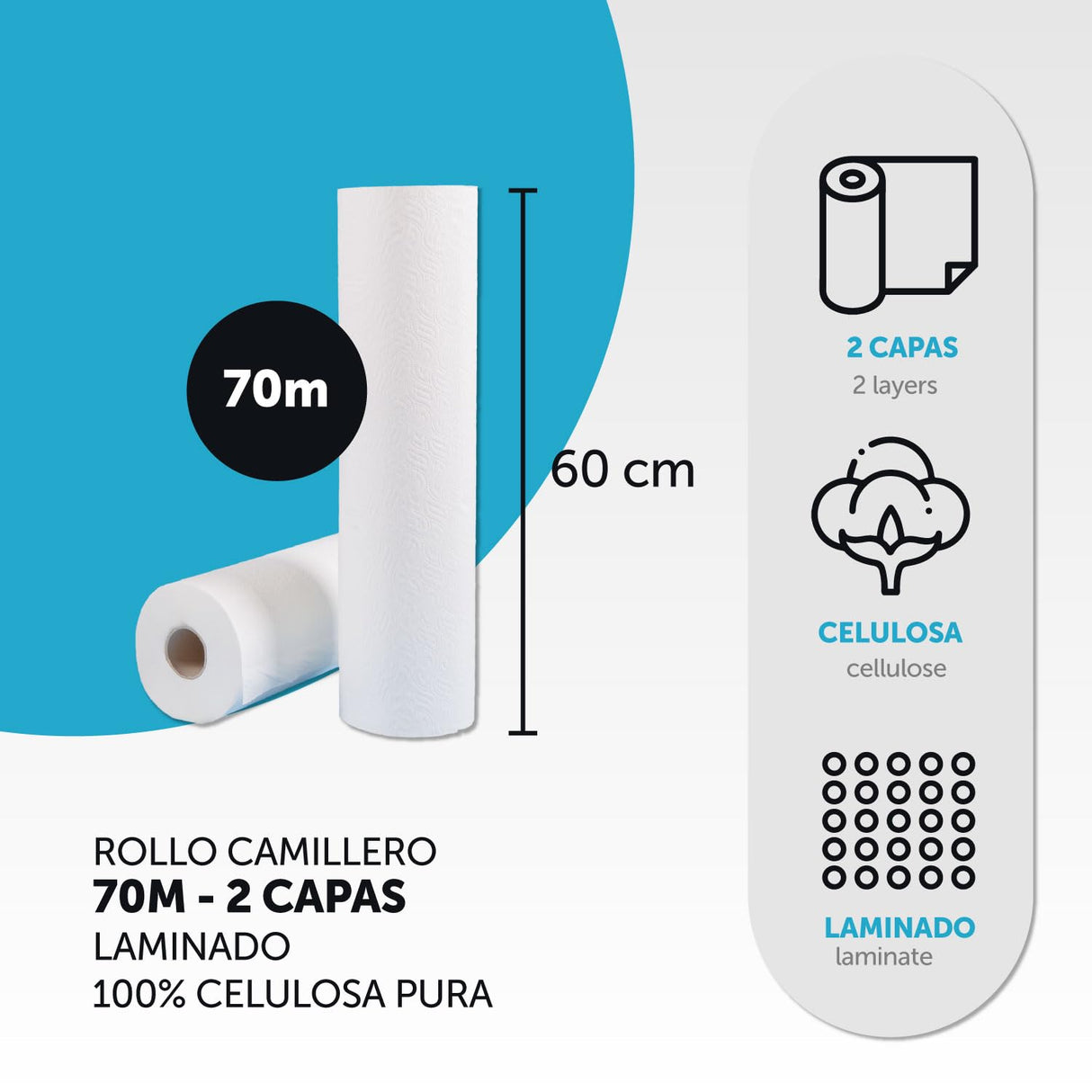 Rollo para Camilla, Rollo Papel para Camilla de Procedimientos Médicos, Masaje, Tratamientos de Belleza y Spa, Papel para Camilla de Estética y Masaje (60cm x 70m laminado celulosa, 12 unds)