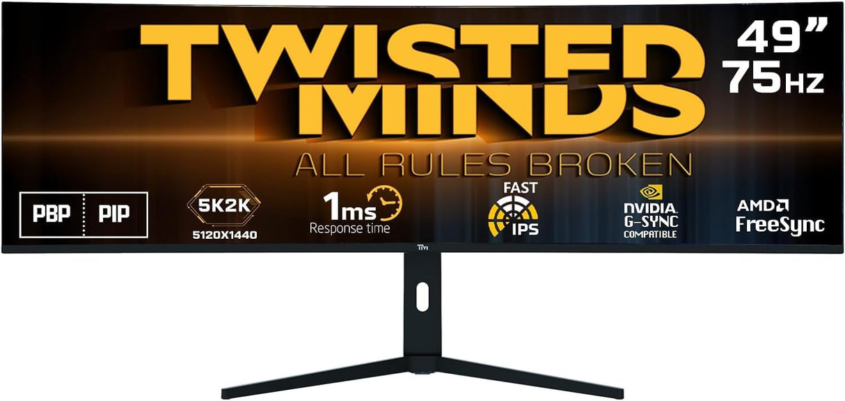 Twisted Minds Monitor para Gaming, Pantalla de 49 Pulgadas Fast IPS - Resolución 5120 x 2880 FHD, frecuencia actualización 75 Hz, relación Aspecto 16:9, Tiempo Respuesta 1 ms - Negro (TM492K75IPS)