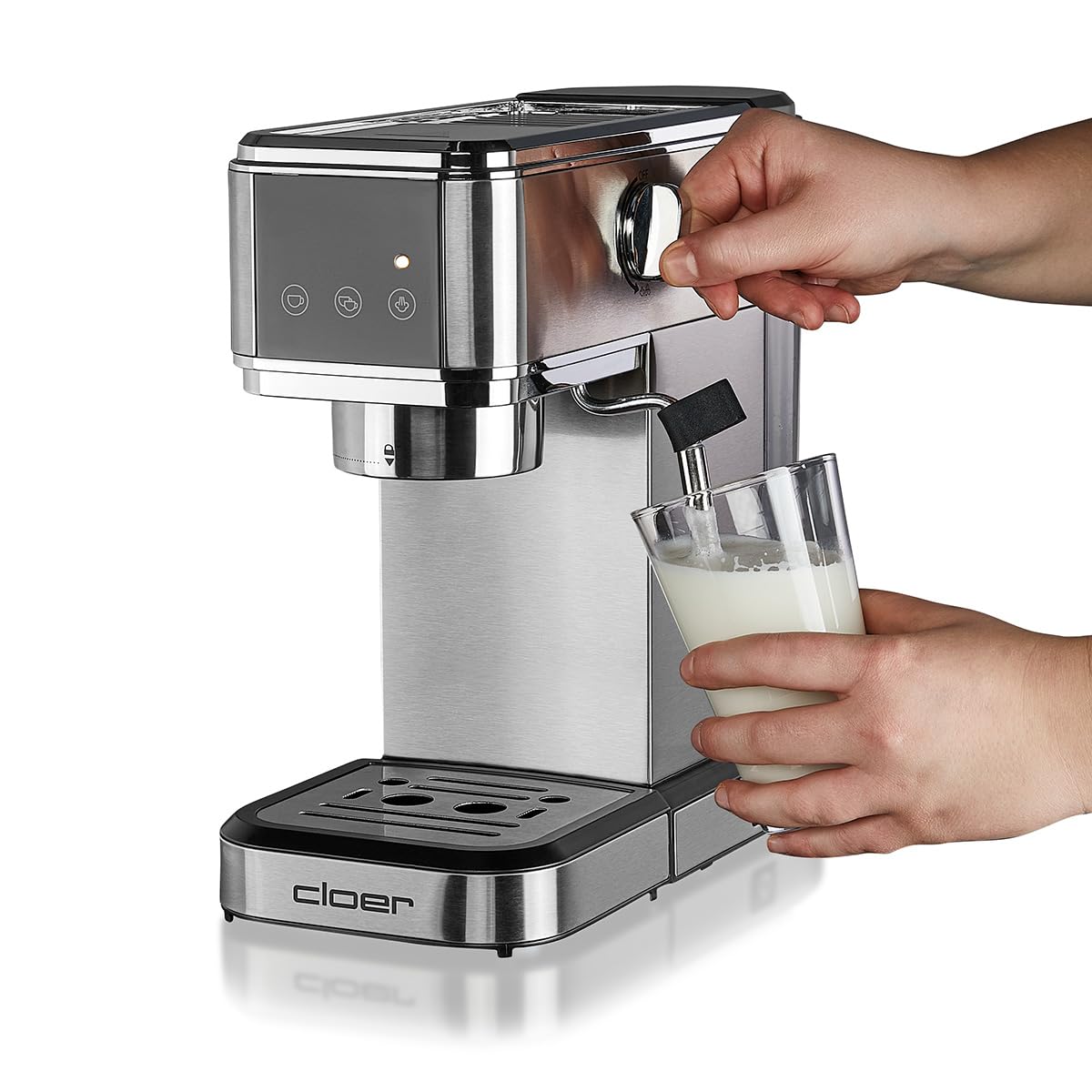 Cloer 5829 Máquina de café espresso, Cafeterea espresso con espumador de leche, 20 bares, 1350W, Diseño delgado, 1-2 tazas espressos, cappuccinos, latte macchiato, Apagado de seguridad