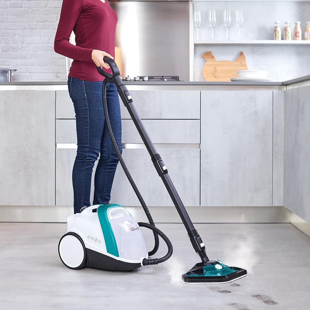 Polti Vaporetto Smart 100 T, Limpiador a Vapor con Caldera de Alta Presión de 4 Bares, Potencia Máxima 1500 W, Autonomía Ilimitada y Recarga Continua, 9 Accesorios Incluidos, Blanco y Turquesa