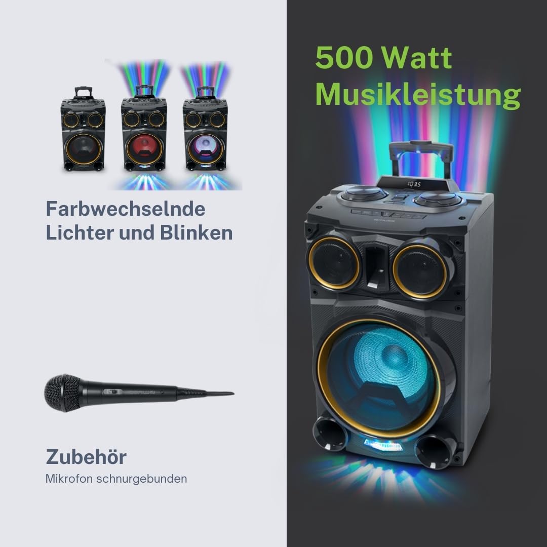 M-1938 DJ - Altavoz Bluetooth con Radio, USB, 2 entradas de Micro luz Ambiente 150W (Incluye micrófono)