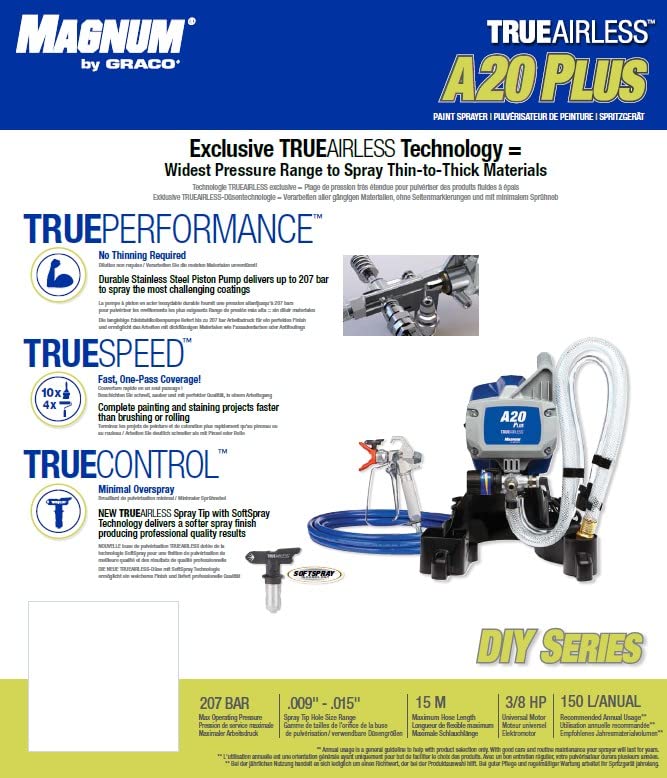 Magnum by Graco 17C243 Pulverizador de Pintura airless A20 Plus, Uso doméstico (caudal de 0,9 l/min, máx. presión 207 Bar)