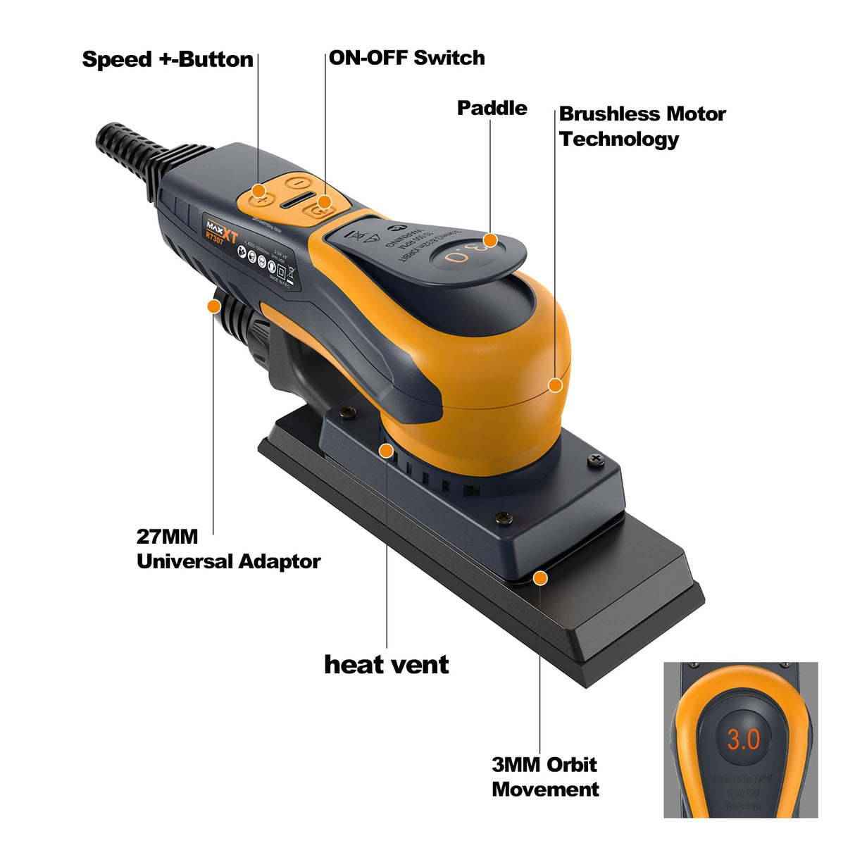 MAXXT Lijadora orbital 3.0 sin escobillas 350W, velocidad ajustable 4000-10000/RPM, freno automático 2s, recogida automática de polvo, superficie de lijado 198x70mm, 10 hojas abrasivas