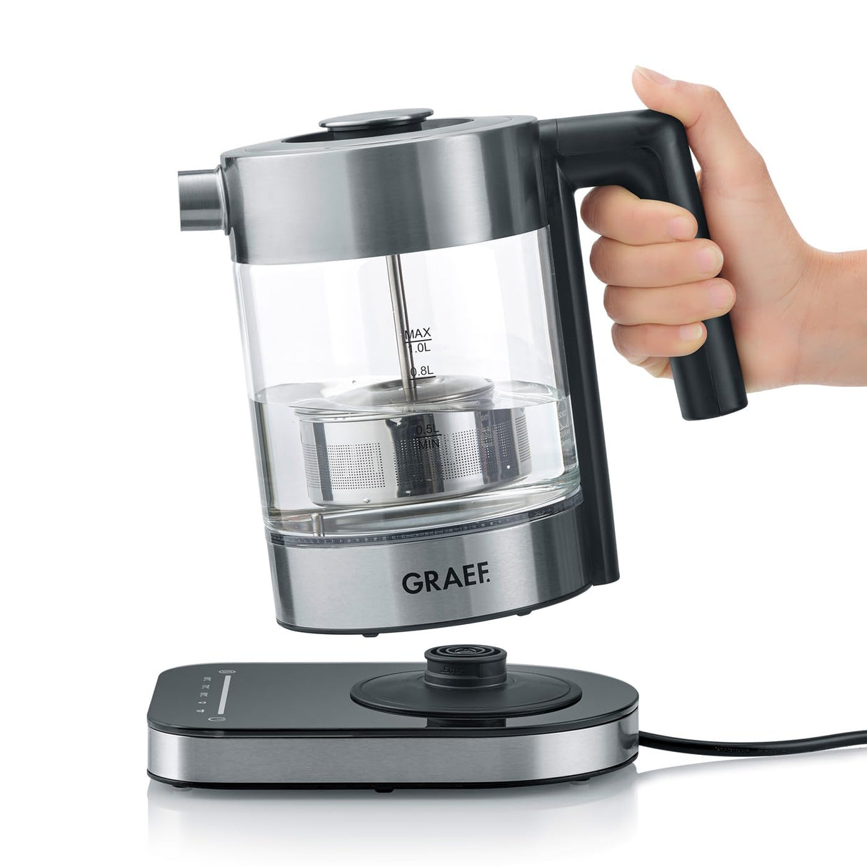 Hervidor de agua de cristal GRAEF WK350, 1 litro, diseño de alta calidad, cristal Schott Duran, acero inoxidable, ajuste de temperatura, colador de té, iluminación LED, base de 360°, función de