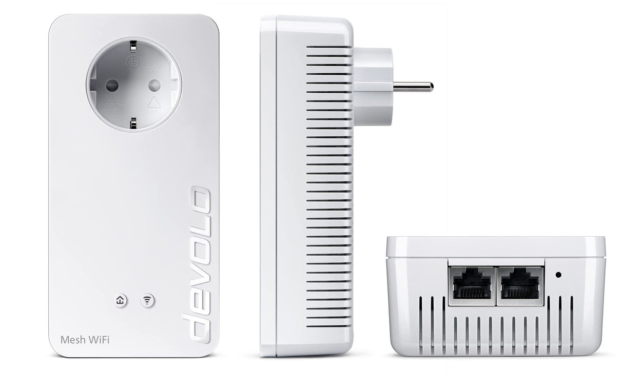 devolo Adaptador de Red WiFi, Kit multisala WiFi 2 de Malla, hasta 1200 Mbit/s, Red de Malla WiFi, 6 Puertos Gigabit LAN, Enchufe WLAN, dLAN 2.0, Color Blanco