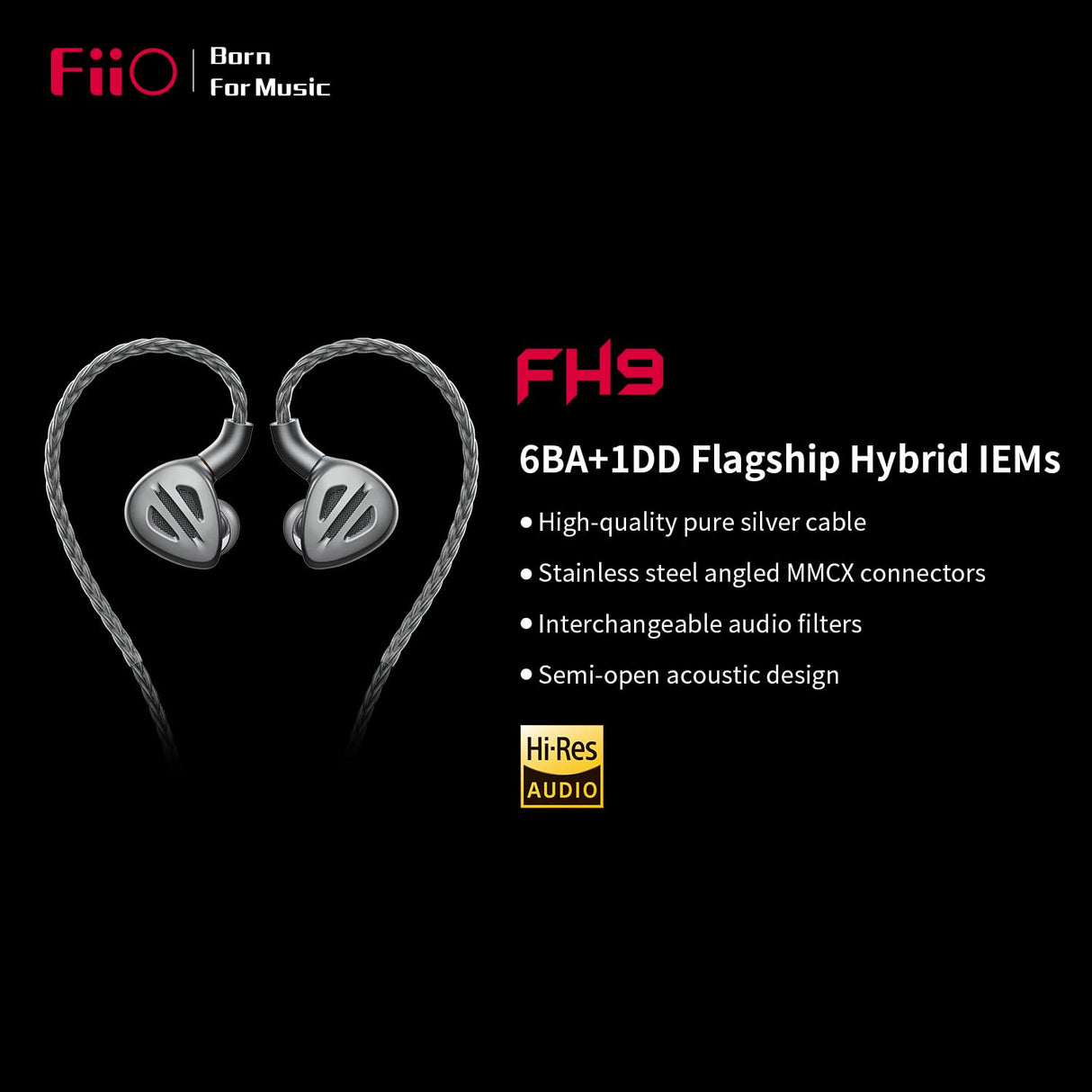 FIIO FH9 - Auriculares con Cable de Alta resolución 1DD+6BA, Cable Desmontable, Graves Profundos, Viene con Conectores Intercambiables de 2,5/3,5/4,4 mm para Smartphone/PC/Jugadores/Audio doméstico