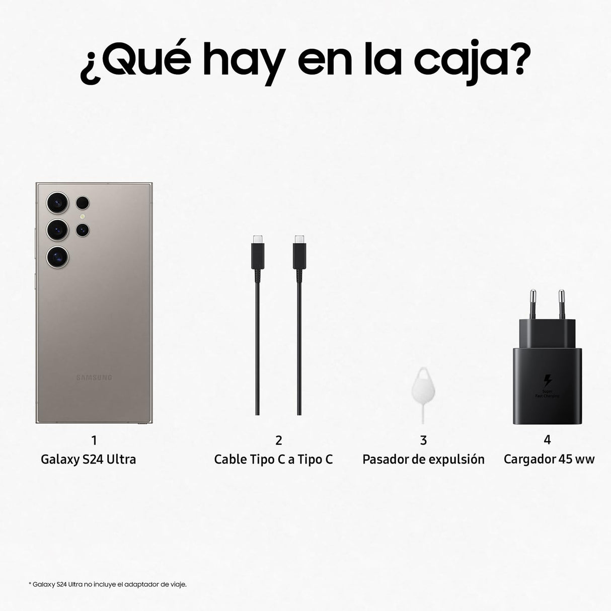 Samsung Galaxy S24 Ultra y Cargador 45W, Teléfono Móvil con IA, Smartphone Android, 12 GB RAM, 256 GB Almacenamiento, Cámara 200MP, S Pen, Batería Larga Duración, Gris Titanium (Versión Española)