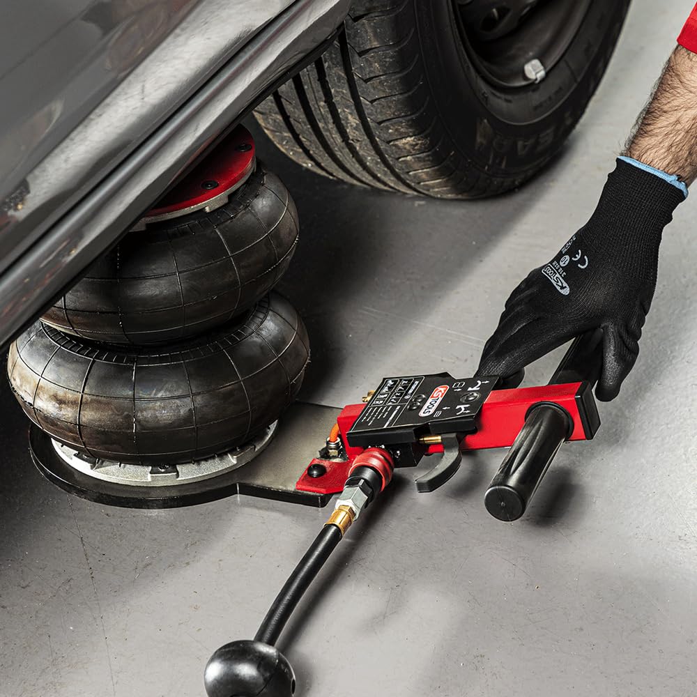 KS Tools 160.0758 - Gato neumático de 2 T con 2 puntas con capacidad de elevación elevada, gato de coche para todas las clases de vehículos, controles bajos, presión de trabajo, 7 bares, con extensor