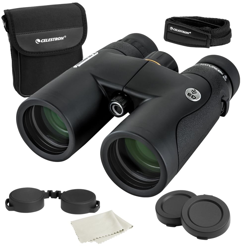 Celestron 72333 Nature DX ED 10x42: prismáticos con lentes objetivo con dispersión baja, exteriores y aves, revestimiento múltiple completo y prismas BaK-4, carcasa revestida resistente al agua y vaho