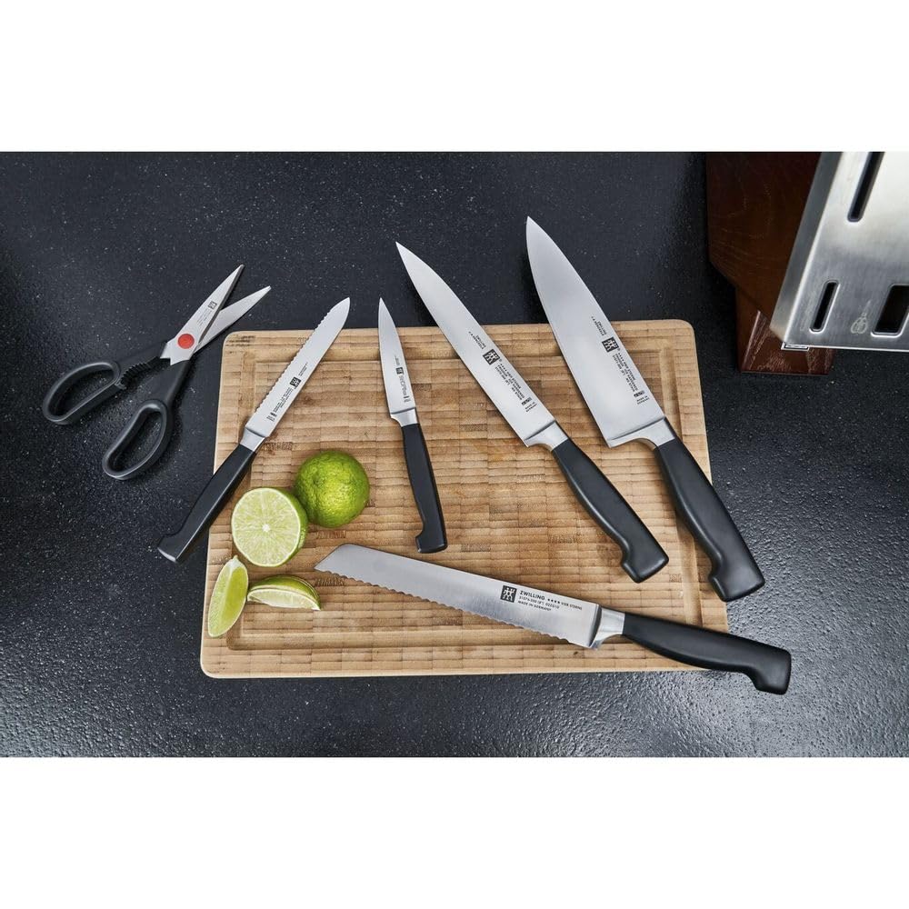 ZWILLING Bloque de cuchillos auto-afilables, 7 piezas, bloque de madera, cuchillos y tijeras con mango especial de acero inoxidable/plástico, Four Star