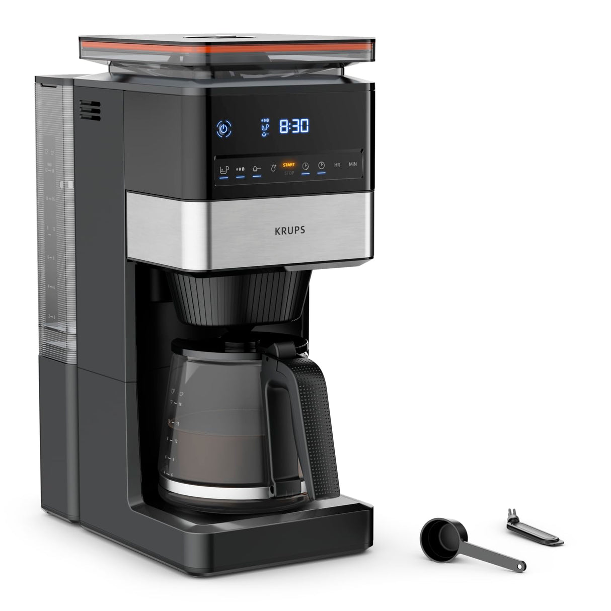 Krups Grind Aroma XL KM842810 Cafetera de filtro, mecanismo de cono extraíble, panel de control digital, capacidad XL (1,5 L), función de conservación del calor, jarra de cristal, color negro y acero