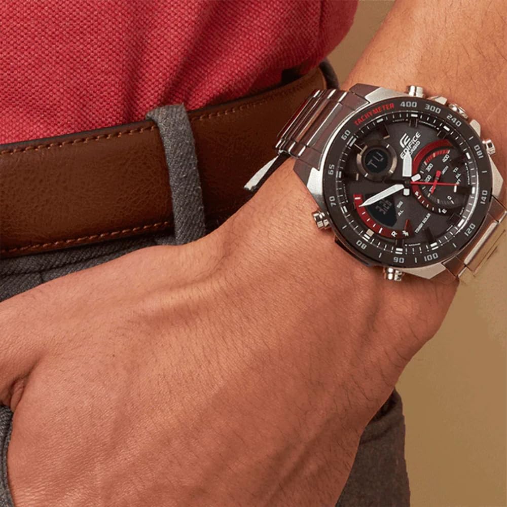 Casio Reloj Solar Hombre 48.00mm con dial Análogico-Digital Negro y Correa de Pulsera de Metal Plata ECB-900DB-1AER