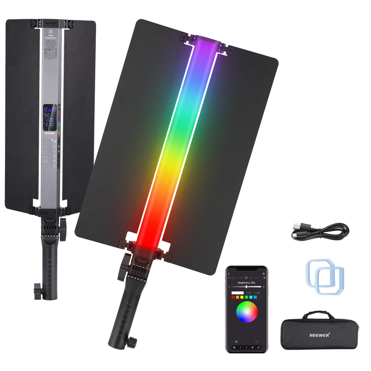 NEEWER RGB2 - Varita Luminosa LED RGB + Barndoor de Metal, Mango, Control de Barra táctil/App/2.4G, portátil magnética Recargable, Tubo para vídeo/Foto Regulable, 2500K-10000K CRI98+ 18 escenas