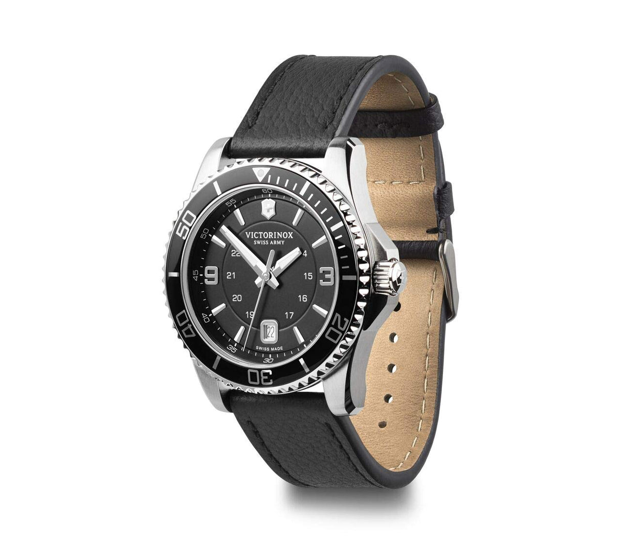 Victorinox Maverick Ø 43 mm Reloj de Pulsera de Hombre, Swiss Made, Cuarzo analógico, Sumergible hasta 100 m, Cristal de Zafiro, Pulsera de Piel, Negro
