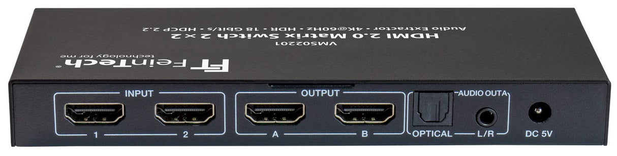 FeinTech VMS02201 Matrix Switch 2x2 Conmutador HDMI 2.0 (2 entradas, 2 Salidas, con Extractor de Audio, 4 K, HDR, SPDIF)