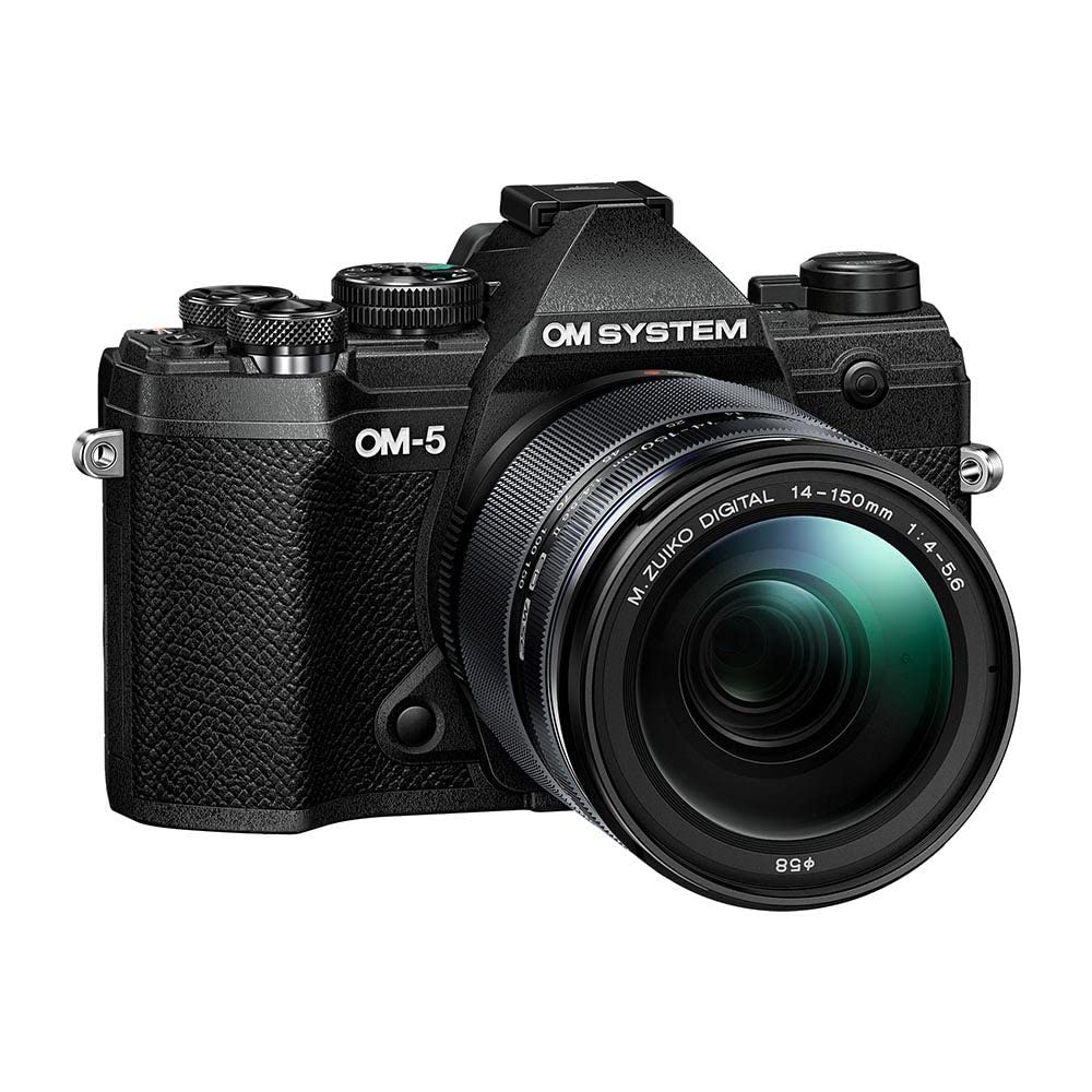 OM SYSTEM OM-5 Cámara con Sistema Micro Four Thirds con Objetivo M.Zuiko Digital 14-150mm F4-5.6 II, Sensor Live Mos de 20 MP, Estabilización de Imagen Mejorada de 5 Ejes, IP53, Negro/Negro
