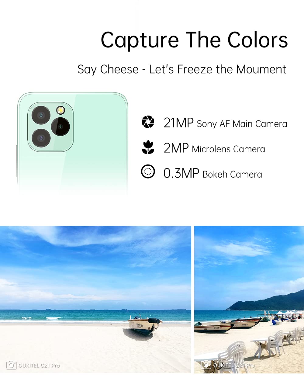 OUKITEL C21 Pro Telemóvel Livre 11, Design de vidro Completo, 4 GB 64 GB, 256 GB SD Externa, câmara tripla 21 MP, Dual SIM, ecrã HD 6,39 polegadas, impressão Digital, identificação fácil Verde