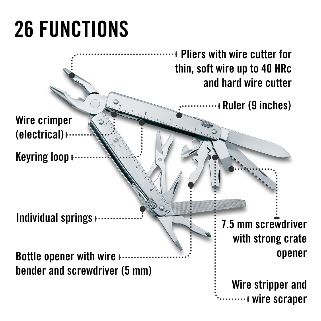 Victorinox Swiss Tool, Multiherramienta de Bolsillo Suiza, Multifunción, 26 Funciones, Alicate multiuso de punta fina, Bloqueable