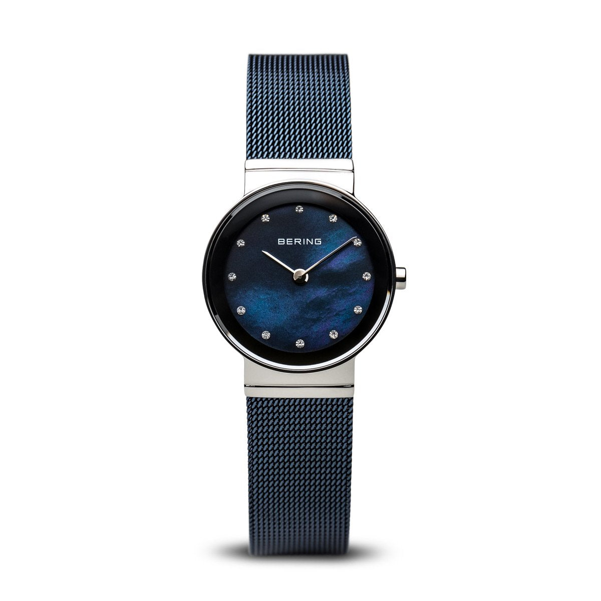 BERING 10126-307 Reloj de cuarzo para mujer con caja de acero inoxidable plateado de 26 mm y esfera azul, correa milanesa, cristal de zafiro y resistencia al agua de 5 ATM