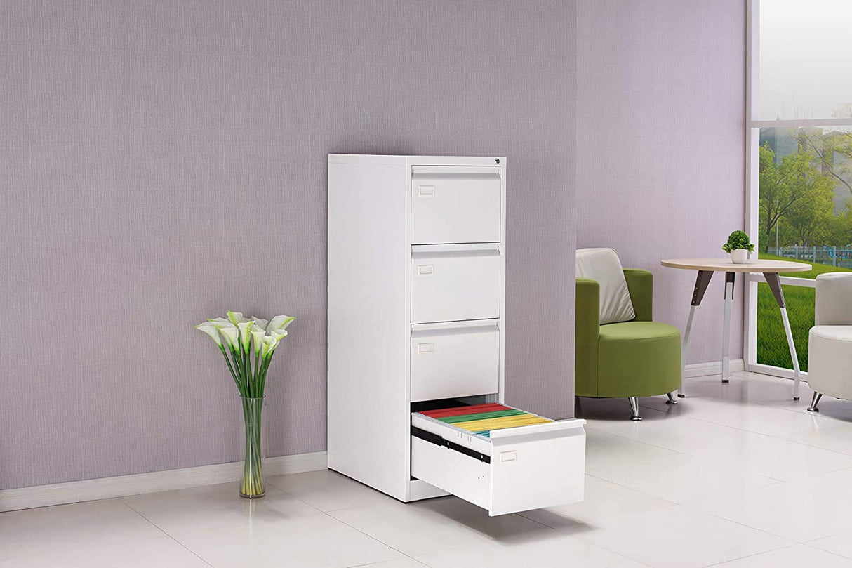 Pack 4 - OFITURIA ® Archivador Metálico Tipo Bisley Organizativo De Oficina Blanco con 4 Cajones para Carpetas DIN A4 Y Folio, Documentos con Llave, 132 X 46 X 62 (4 Unidades, Blanco 4 Cajones)