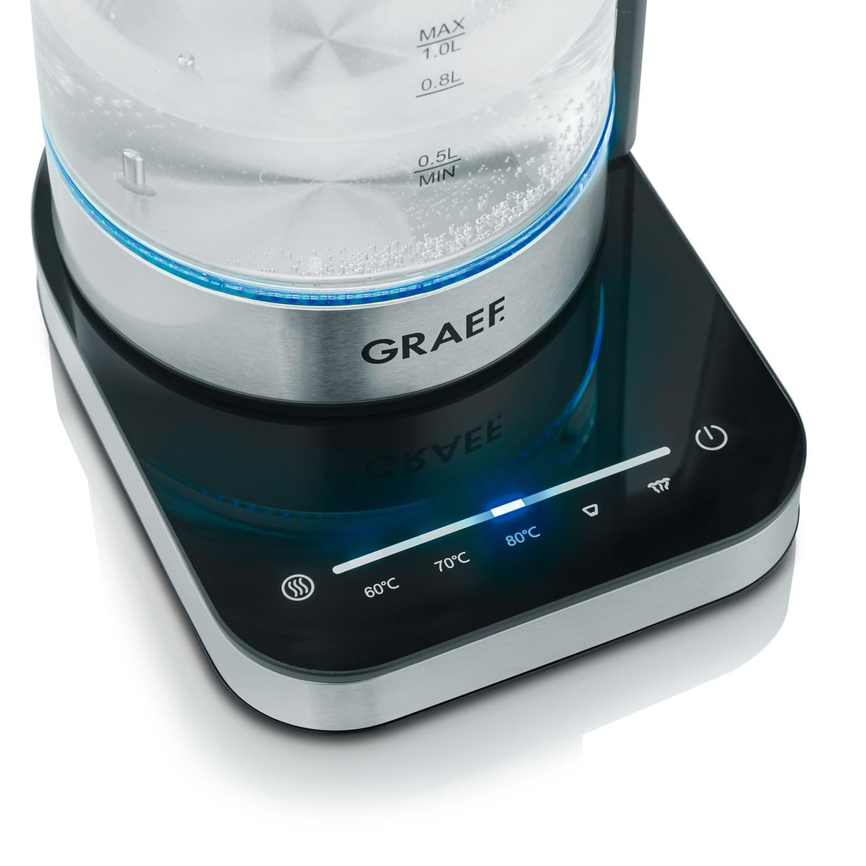Hervidor de agua de cristal GRAEF WK350, 1 litro, diseño de alta calidad, cristal Schott Duran, acero inoxidable, ajuste de temperatura, colador de té, iluminación LED, base de 360°, función de
