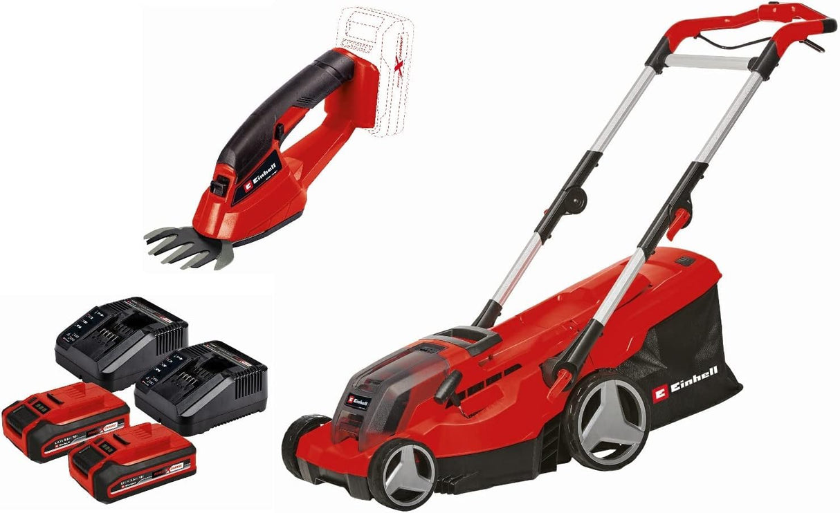 Einhell Cortacésped con batería GE-CM 36/37 Li + cizalla de hierba con batería GE-CG 18/1 Li Power X-Change (iones de Li, 2x18V, 37 cm anchura de corte, incl. 2 baterías 3Ah y 2 cargadores)