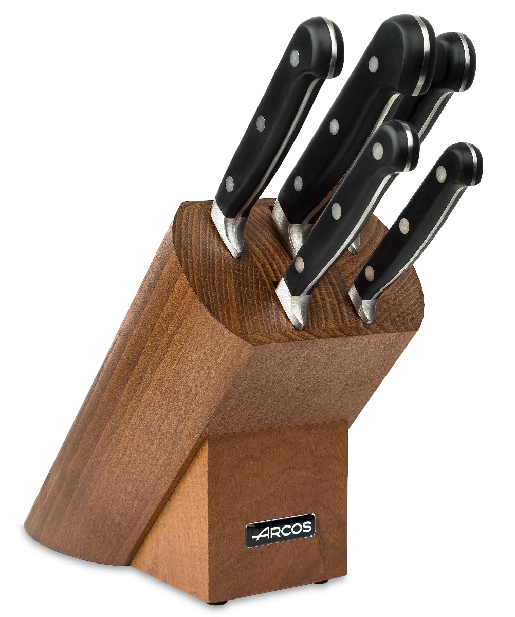 Arcos Set Cuchillos 5 piezas Acero Inoxidable Nitrum. Cuchillo Cocina Profesional Afilado para Cortar Carne. Mango Ergonómico Polioximetileno POM. Serie Opera. Diseño Clásico. Color Negro.