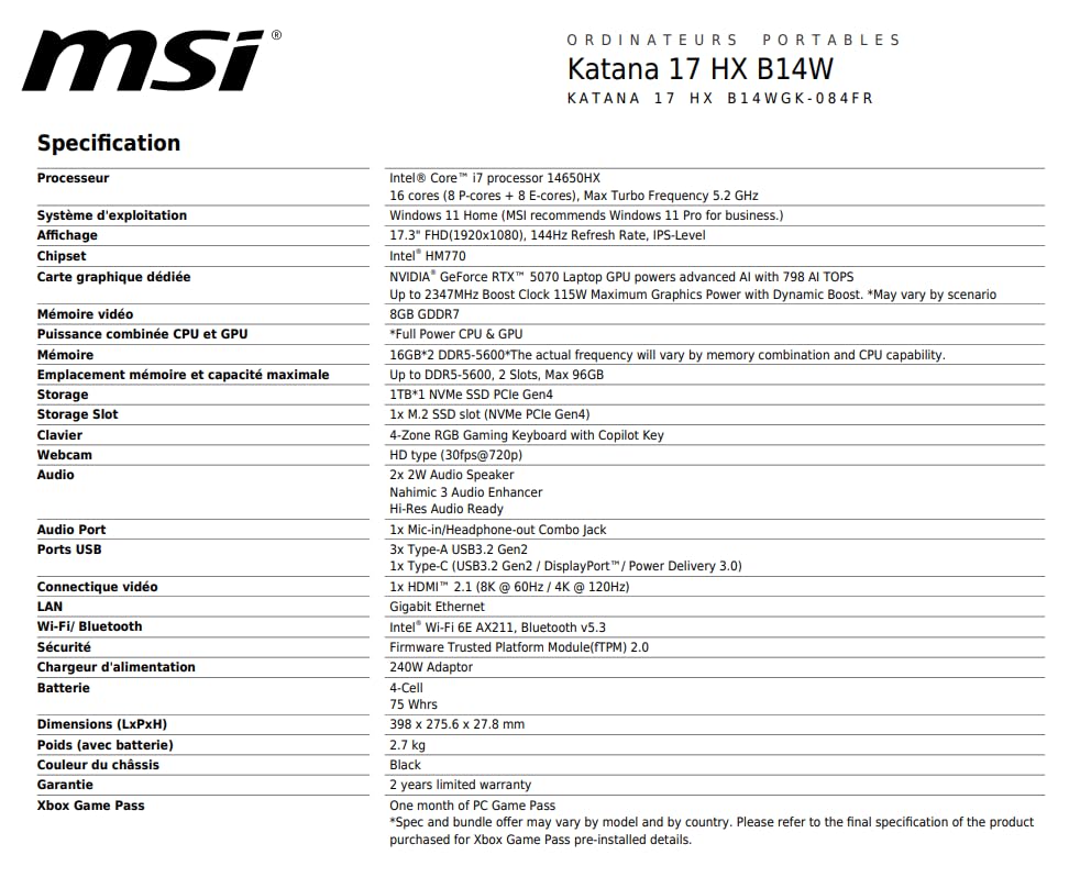 MSI Katana 17 HX B14WGK-084FR Dragon Station: Intel Core i7 14650HX - 32GB DDR5 - SSD 1TB NVMe PCIe - Nvidia RTX5070 8GB GDDR7 (TGP 105W) - 17,3" Full HD 144Hz - Windows 11 Familia