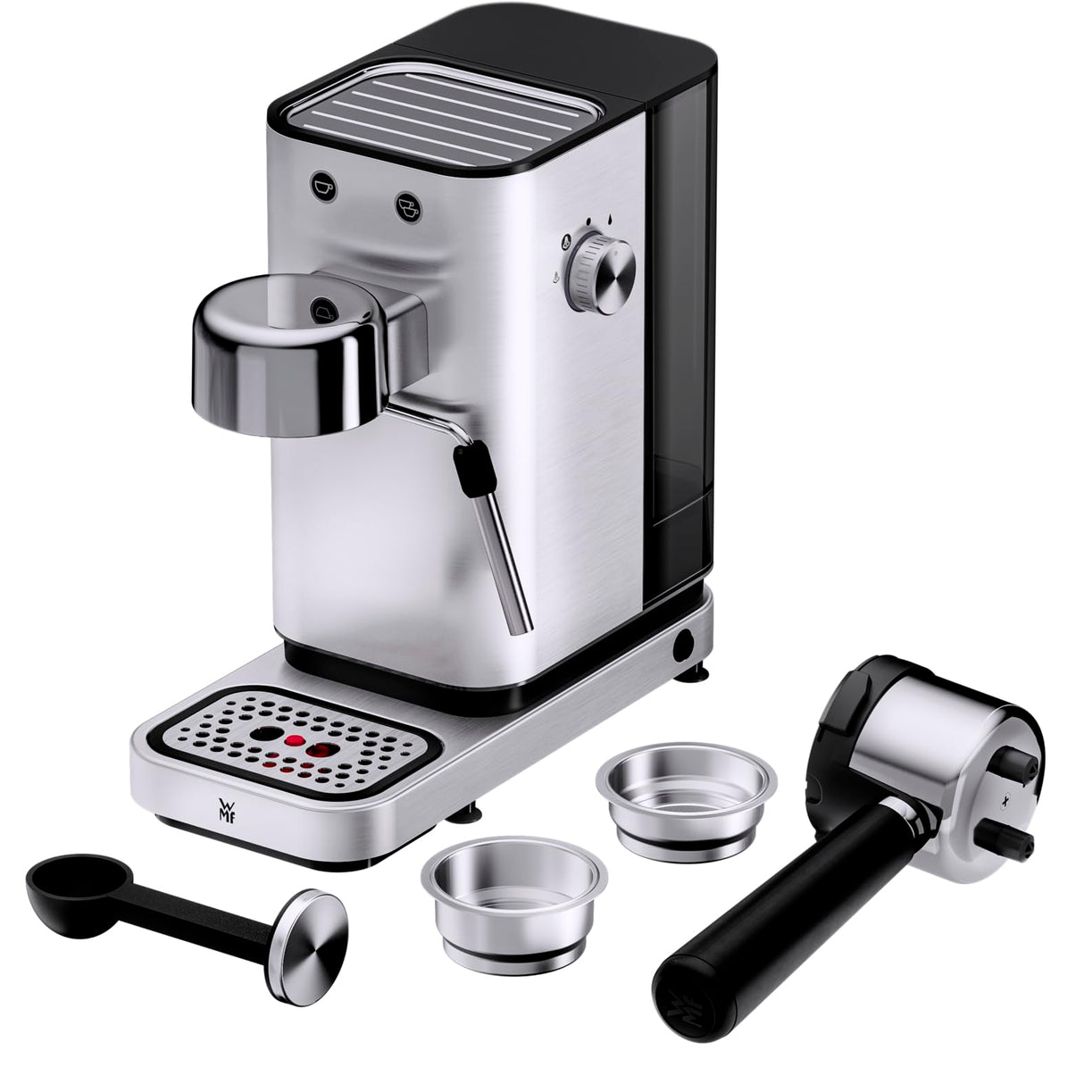 WMF Lono - Cafetera expreso con 2 portafiltros, 1350 W, para 1-2 tazas de espresso, 15 bares, reposavasos, espumador de leche, cuchara prensadora de café, acero inoxidable mate