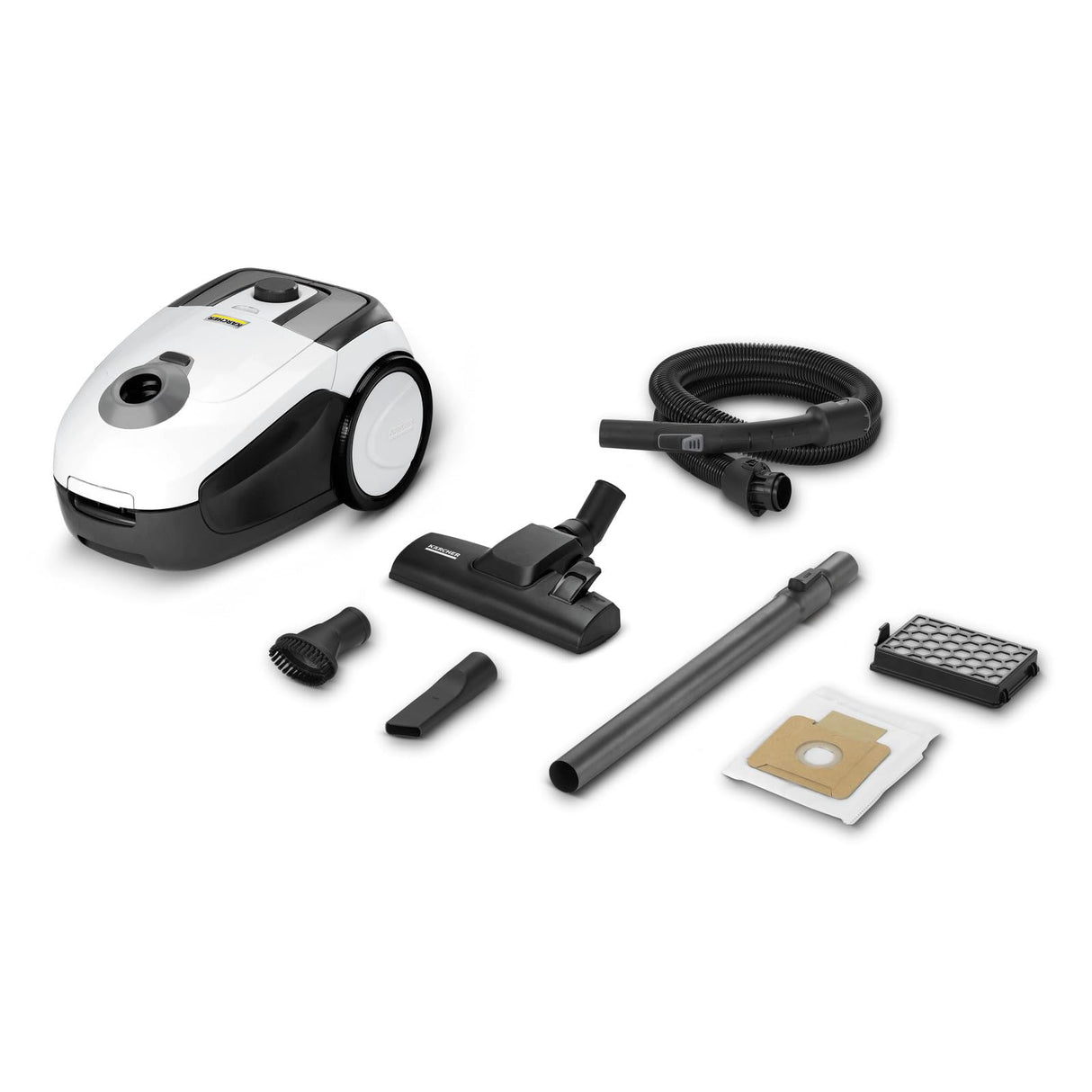 Kärcher Aspiradora VC 2 con Bolsa de Filtro, Capacidad de Absorción: 700 W, Radio de Acción: 7,5 m, Peso: 5,1 kg, Filtro HEPA 13, Boquilla Suelos Conmutable, Boquilla para Ranuras, Pincel de Muebles