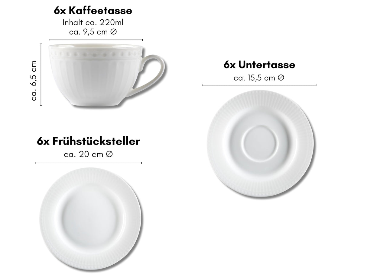 Ritzenhoff & Breker Sofia - Juego de café de 18 piezas, platos de postre (20 cm) y tazas con platillos (220 ml) para 6 personas, juego de café con relieve fino acanalado, vajilla fina de porcelana,