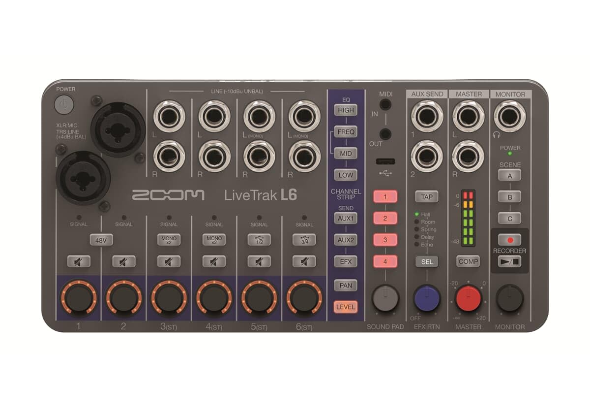 Zoom L6 - Grabador y mezclador de audio digital de 6 canales, 2 entradas combo + 4 estéreo, ecualizador de 3 bandas, 1 salida maestra - Adaptador de red AD-17 integrado y cable USB