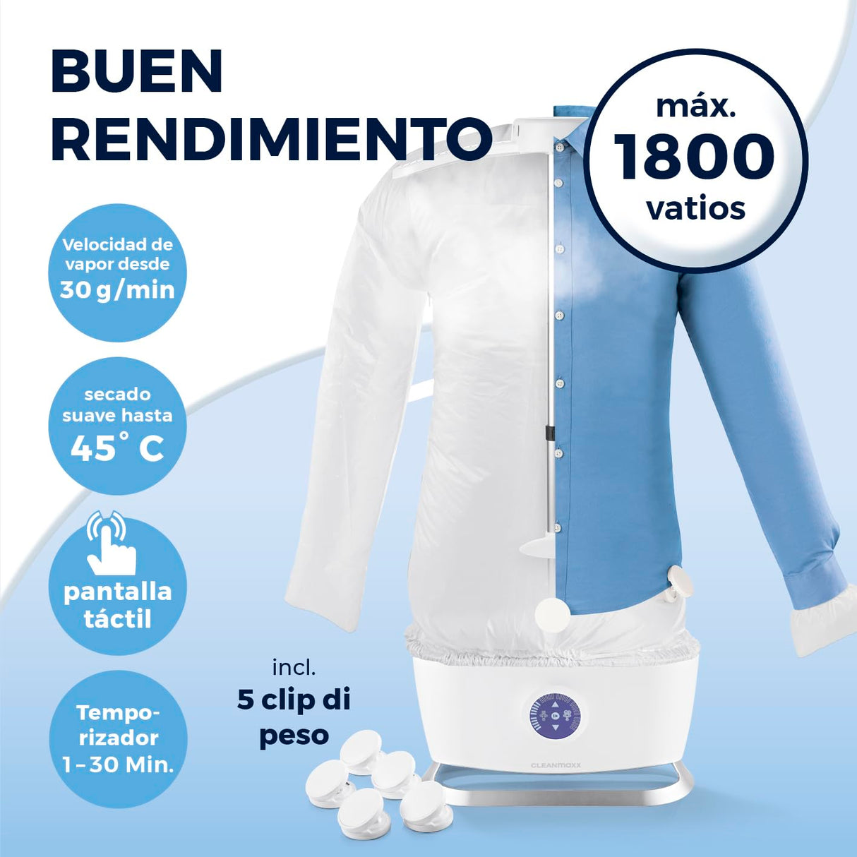 CLEANmaxx Plancha automática de camisas PRO STEAM + accesorio para pantalones | Función vapor, pantalla táctil | Plancha para camisas y blusas | Reduce olores, desinfecta, alisa, refresca